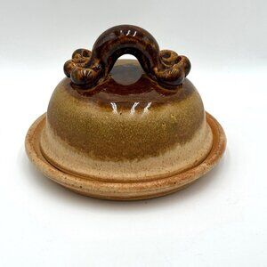 Mooney Flat Art Pottery Ovenproof Brown Glaze Stoneware round covered dish handm